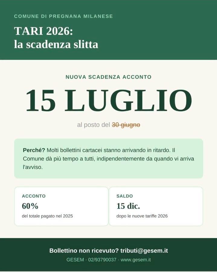 TARI 2026 – La scadenza slitta al 15 luglio