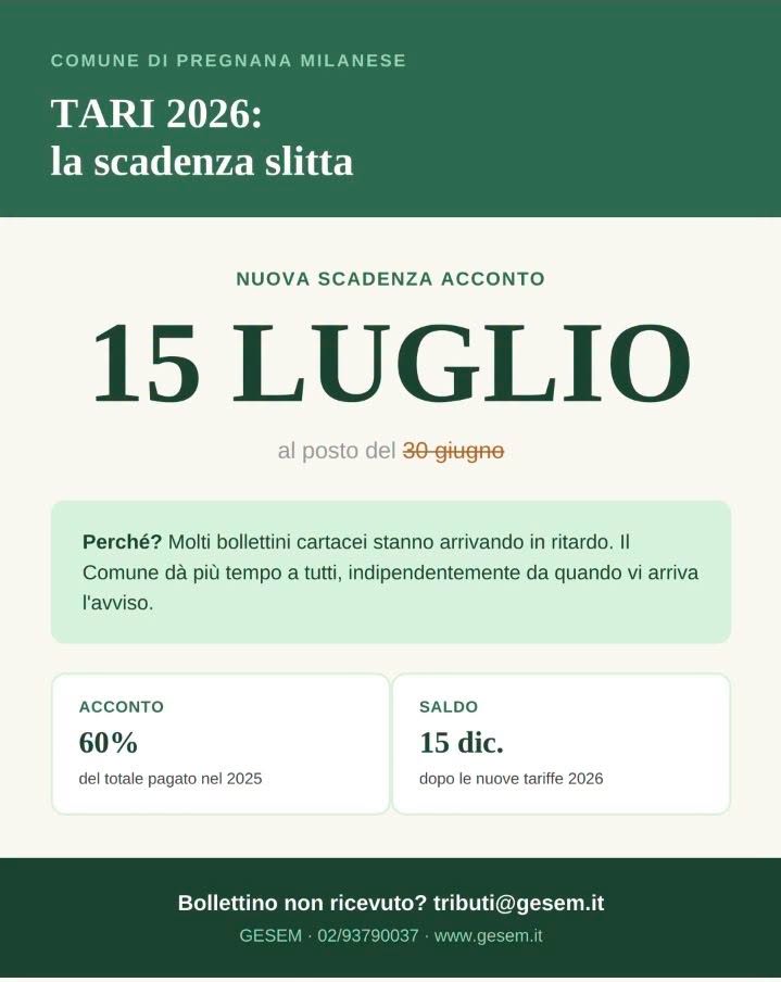 TARI 2026 – La scadenza slitta al 15 luglio